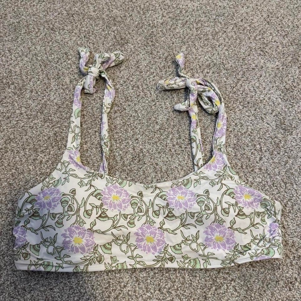 Roller Rabbit Floral Block Print Bikini Top XL Ivory Lavender Tie Strap Swim
